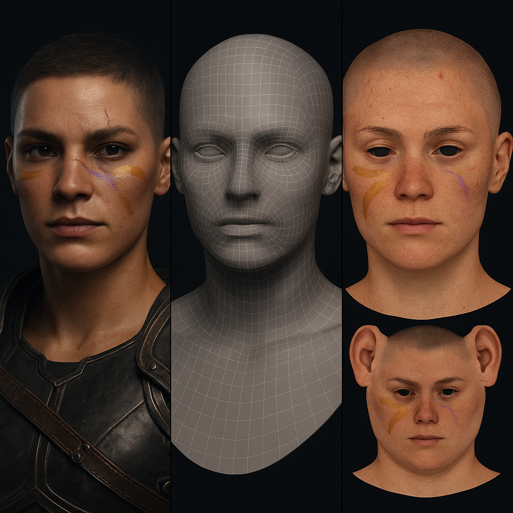 Character UV breakdown — full body UV layout with material channels