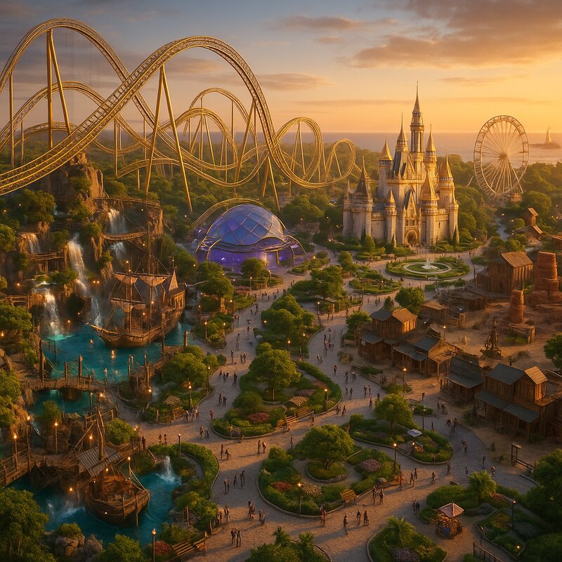 Theme Park Golden Hour — simulation concept art